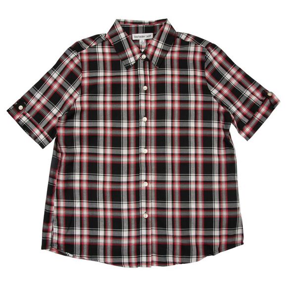 Southern Lady Women's Button-Up Short Sleeve Shirt in Black & Red Plaid, Small - Picture 1 of 4
